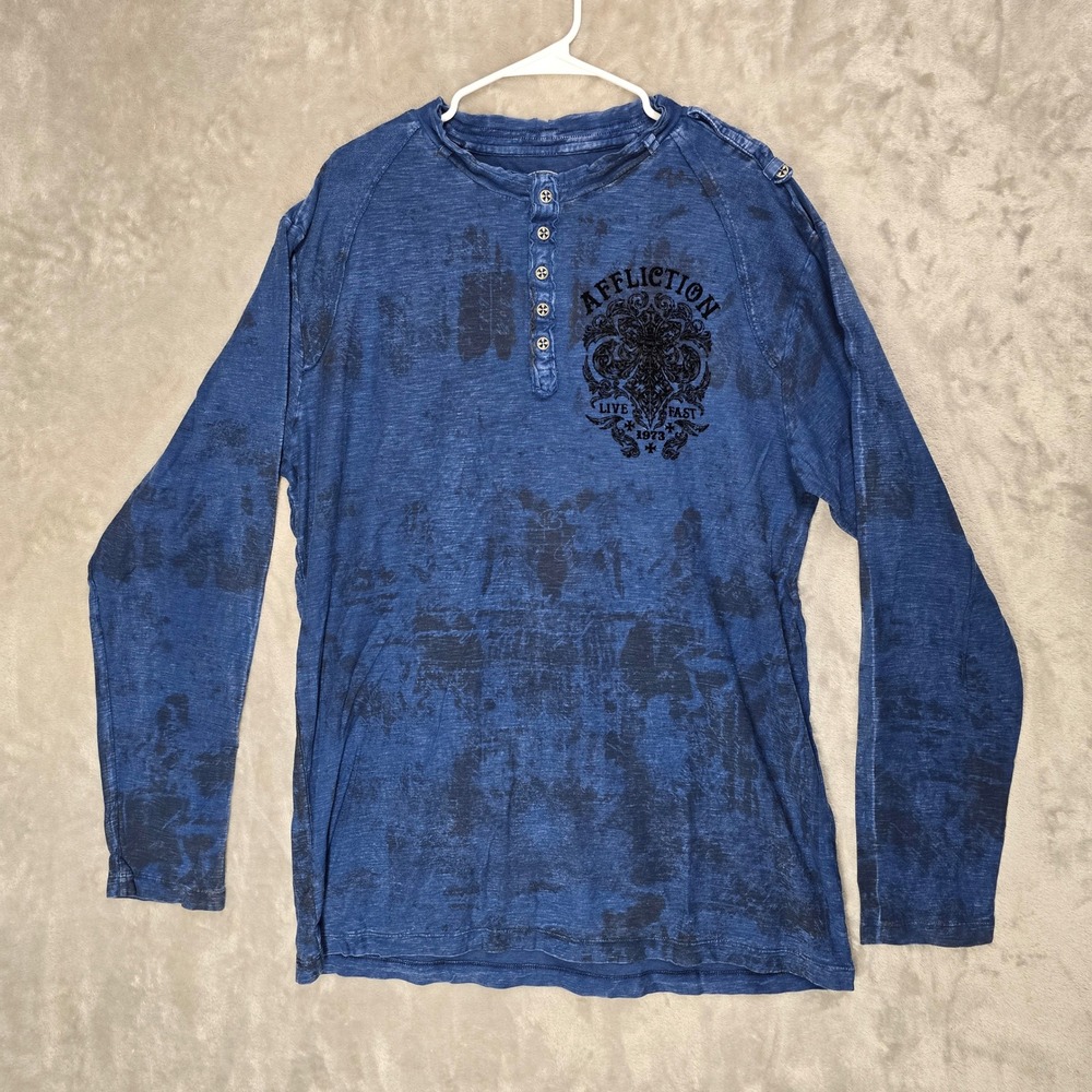 Affliction Mens 2XL Blue Acid Wash Graphic‎ Henley Shirt Y2K Goth Grunge Skater